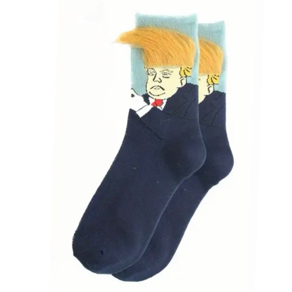 Men's Novelty Cartoon Pattern Trump Crew Socks, NEW, Blue & Gold, Lol, The Hair! - Picture 3 of 3
